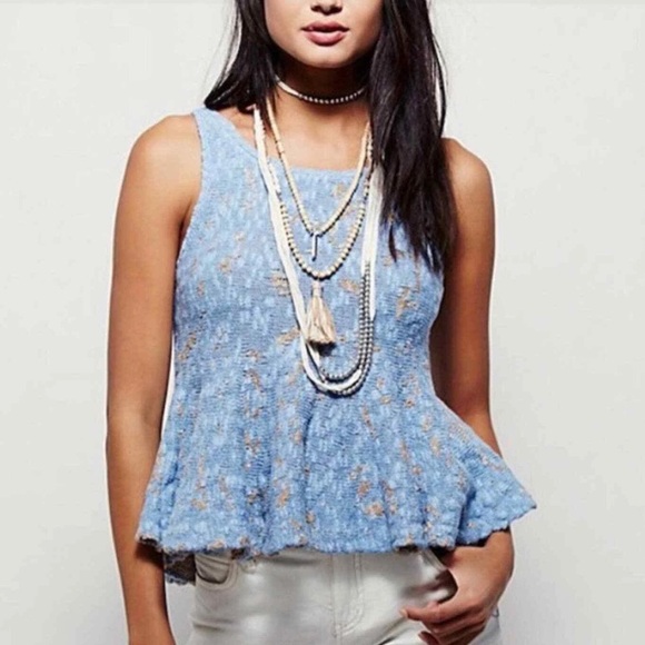 Free People Tops - Free People Knitted Top Women’s Small Blue Tan Side by Side Peplum Tank size S